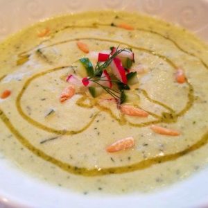Cold Cucumber Soup with Honey Drizzle & Pine Nuts