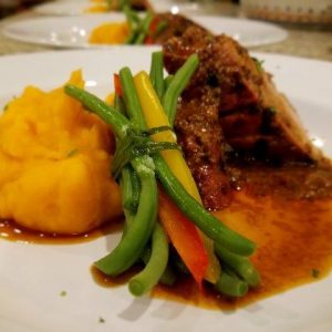 Grilled Mustard & Molasses Pork Tenderloin on Curry Spiked Butternut & Green Bean Bundles (3)