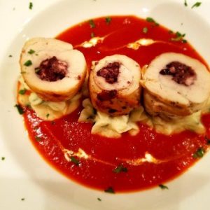 Tapenade & Feta Chicken Roulades on Spinach Mashed Potatoes and Tomato Fondue