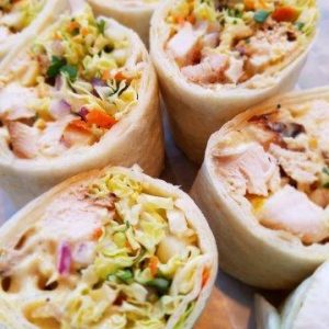 Turkey Rolls with Curry Chutney Mayo, Cashews & Cabbage